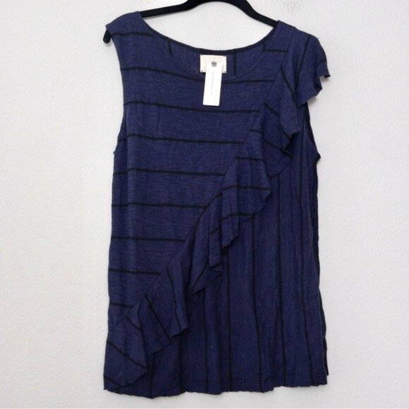 NWT Anthropologie t.la Ruffle Sleeveless Knit Top S Blue Black Striped - Picture 2 of 7